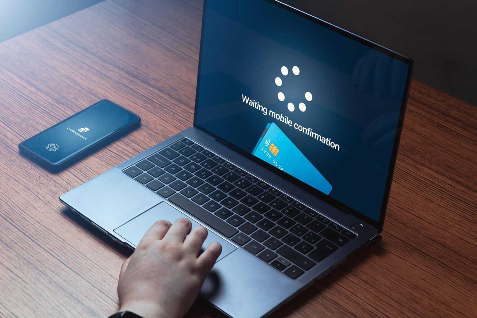 Kobieta używa telefonu do internetowego przelewu płatności bankowych na laptopie Aplikacja biznesowa Zakupy online