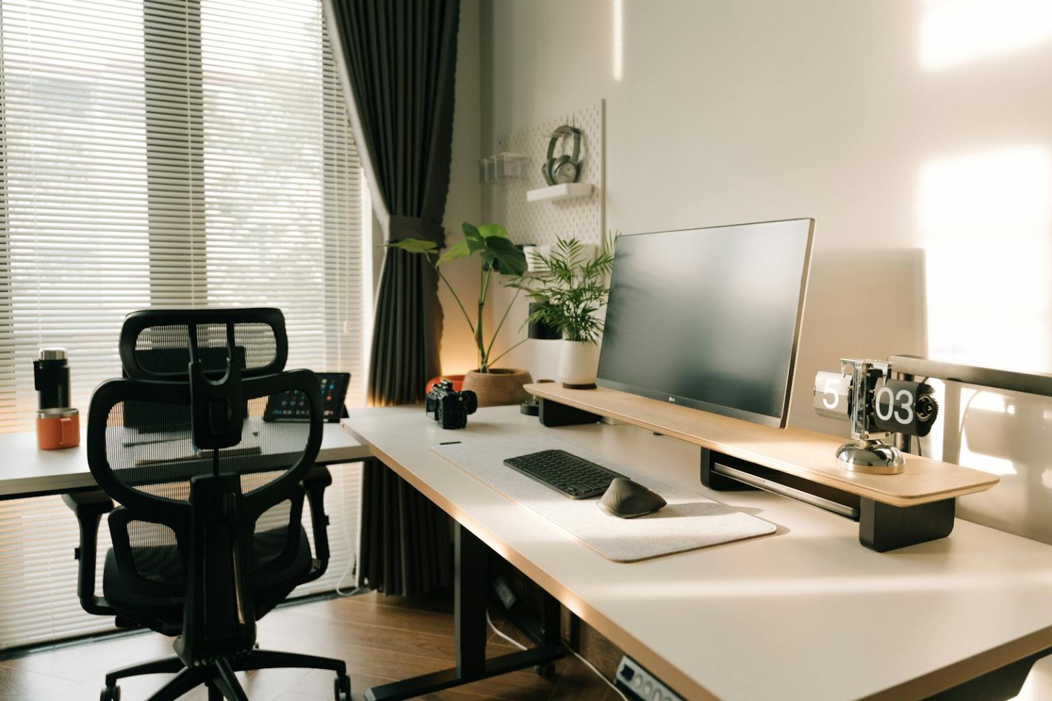 Minimalist home office with ergonomic chair, desktop monitor, and plants in natural sunlight.